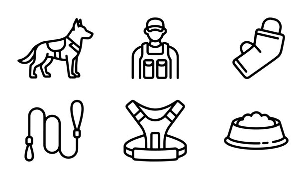 Dog Training Icons: German Shepherd, Handler, Leash, Harness, Bite Sleeve, Food Bowl