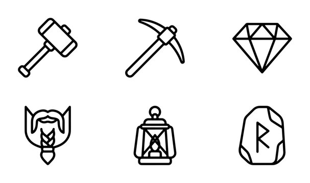 Dwarven Mining Icons: Hammer, Pickaxe, Diamond, Beard, Lantern, Rune Stone, Vector Graphics