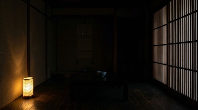 Deep dark Japanese room with a low floor lantern illuminating a ceramic bowl and a straight vertical lattice window