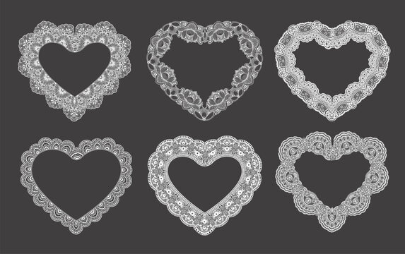 Vector set of Vintage lace heart frames with ornate floral details and dotted textures. Decorative hand-drawn romantic borders. Design for wedding invitations, valentine cards