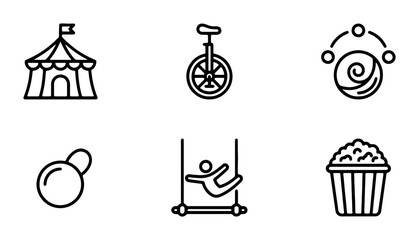 Circus Icons Set: Tent, Unicycle, Juggler, Popcorn, Performance, Entertainment Vector Graphics © Nabila