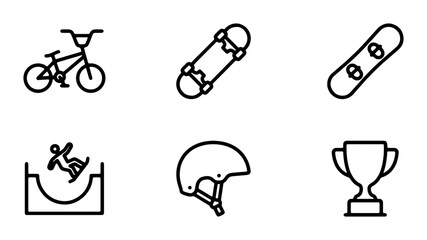 Extreme Sports Icons Set: BMX Bike, Skateboard, Snowboard, Skater, Helmet, Trophy © Nabila