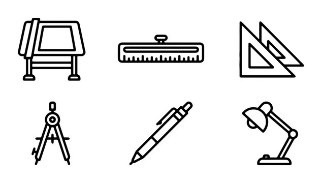 Drafting Tools Collection: Drawing Board, Ruler, Set Squares, Compass, Pen, Desk Lamp Icons