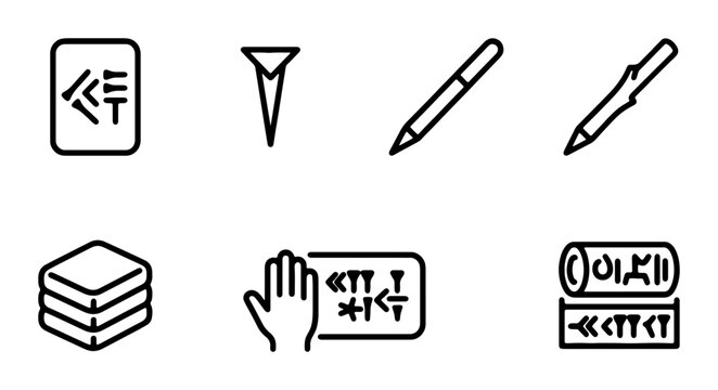 Ancient Cuneiform Writing Icons, Stylus, Clay Tablet Symbols, Vector Set