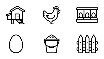 Chicken Coop Icons, Farm Animals, Egg Collection, Rural Life Vector Set, Simple Outline Graphics © Sultana