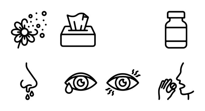Allergy Symptoms Icons Set: Pollen, Sneezing, Runny Nose, Itchy Eyes, Tissues, Medicine Bottle