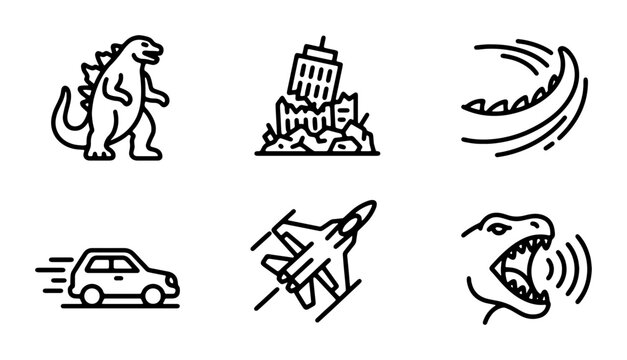 Monster Attack Icons: Dinosaur, City Destruction, Jet Fighter, Car, Roar, Swirl