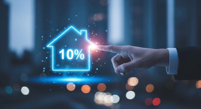 Business hand presenting glowing 10 percent discount icon on digital interface