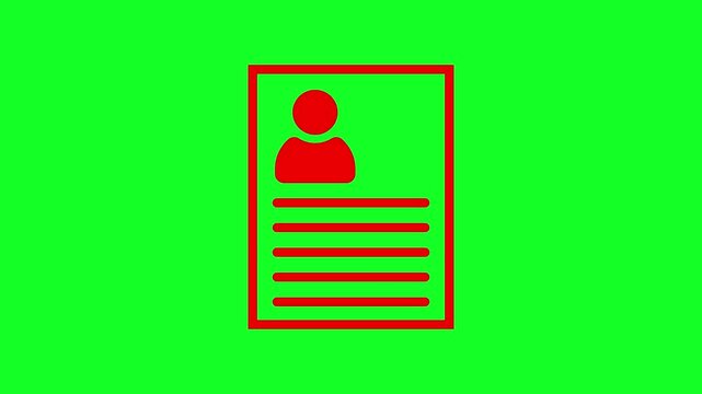 Animated red icon of a document with a user profile and a checkmark, on a green background