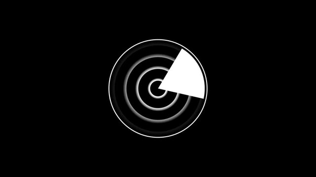 Radar screen with pulsing circles and rotating white scanner line on black background seamless loop