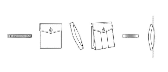 Clothing pocket technical flat sketch templates showing fashion apparel construction details of zippers, buttoned patch style, cargo bellows and welt pockets for designer manufacturing tech pack. © Dinali