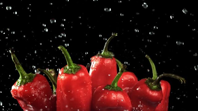 Red chili cluster under falling water droplets on black background, Filmed on a high-speed camera at 1000 fps.