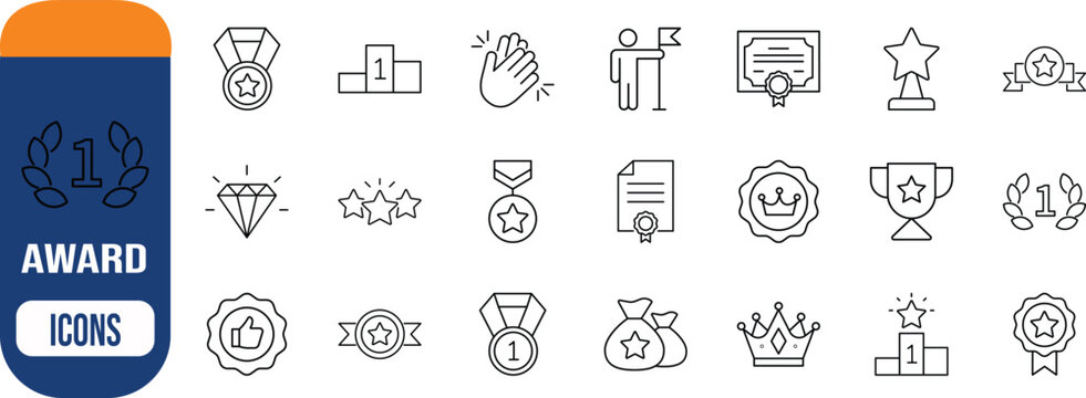 Achievement success award quality outline icons. medal icon set, trophy icon set, certificate icon set