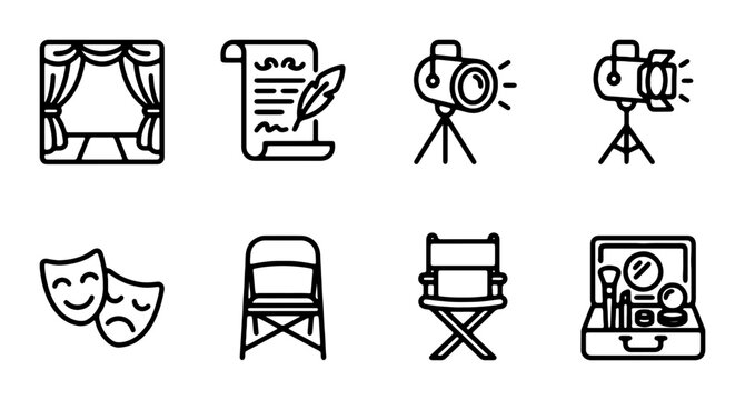 Theater and Film Icons: Stage, Script, Camera, Makeup Kit, Masks, Director's Chair
