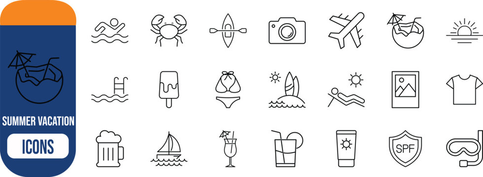 Summer travel and vacation icons. airplane icon set, bikini icon set, sunscreen icon set