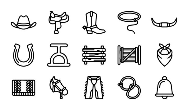 Western Cowboy Icons Set, Rodeo Horse Gear Vector Graphics, American West Lifestyle Elements