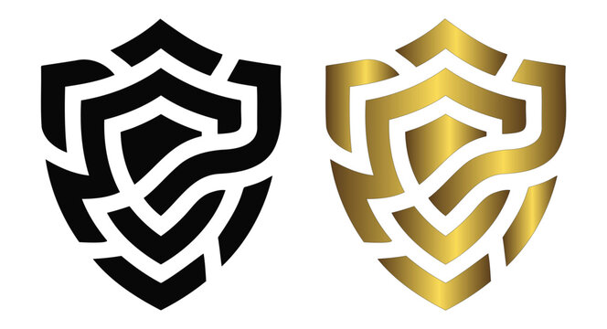 Shield shaped emblem black and gold vector illustration on white background