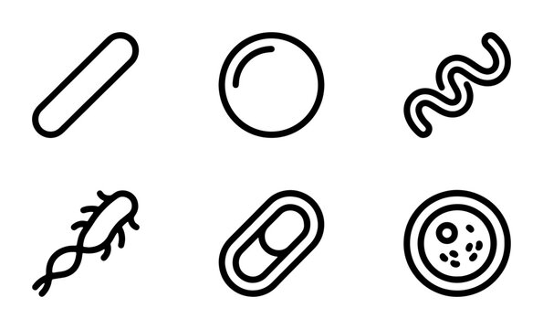 Microbe Icons Set: Bacteria, Virus, Cell Shapes, Medical Science Vector Graphics