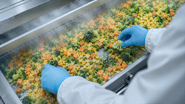 Worker in uniform inspecting frozen vegetables on processing line. Quality control of broccoli, corn, and pea mix in food manufacturing plant. Industrial production and freezing technology.