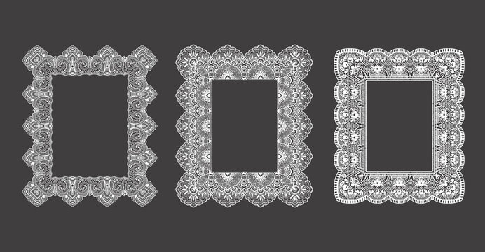 Vector set of Vintage lace rectangular frames with ornate floral details. Decorative hand-drawn romantic borders. Design for wedding invitations, valentine cards, love branding