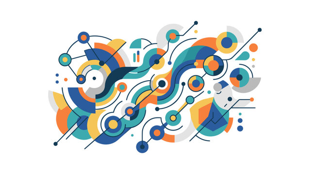 Abstract geometric network pattern with colorful shapes and lines representing data flow and connection Vector