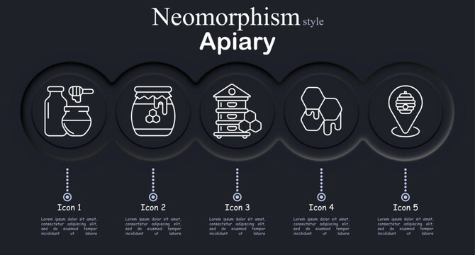 Apiary set icon. Neomorphic circular interface line icons with honey jars dipper, honey jar dripping comb, beehive box frame, honeycomb cells cluster, hive location marker.