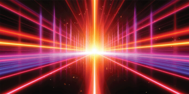 A vibrant abstract background featuring glowing futuristic laser rays and colorful motion waves of bright blue and orange light flashing across a dark black space design