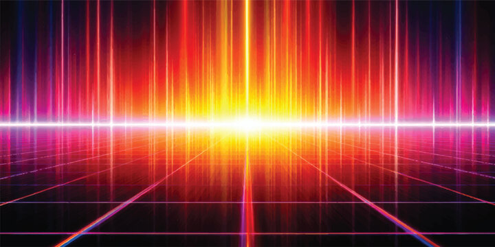 Abstract colorful and red vector background featuring a bright light wave pattern with a glowing rainbow spectrum design on a dark disco equalizer wallpaper