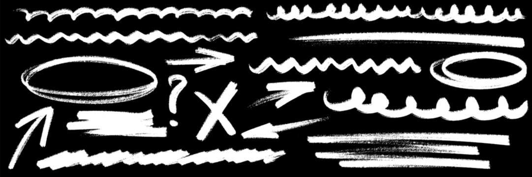 Artistic underline and chalk strokes with arrow symbols, brush paint grain and crayon scribble texture, casual hand drawn line work in handdrawn style. Underline, chalk, arrow twice.