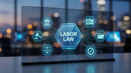 Obraz premium Labor law employment labor law employment regulation legal compliance digital interface workplace. Legal justice right protection. employee union contract regulation, lawyer judge gavel judgement