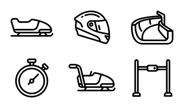 Winter Sports Icons: Bobsled, Helmet, Stopwatch, Track Gate Vector Set