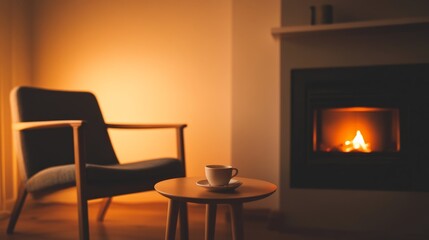 Naklejka premium Warm fire burning in modern fireplace in cozy living room illuminated by firelight with coffee cup on small table and comfortable armchair providing relaxing atmosphere