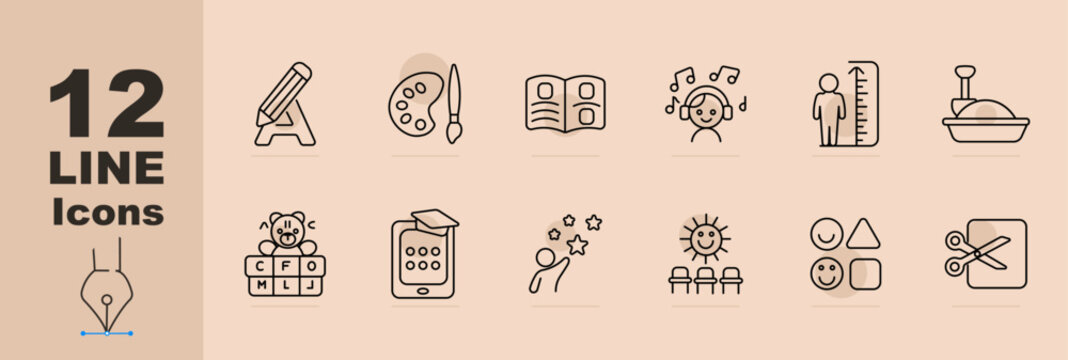 Preschool activity set icon. Line icons with pencil writing, palette brush, open book, child listening music, height measure, push toy, teddy blocks, mobile learning device, throwing stars