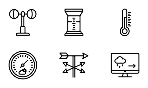 Weather Icons Set: Anemometer, Rain Gauge, Thermometer, Barometer, Wind Vane, Forecast