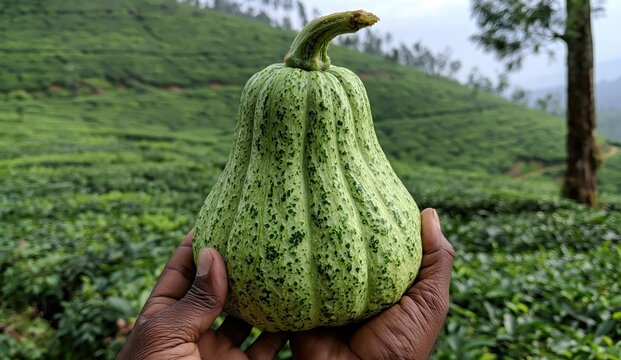 Farmer holding fresh green bottle gourd in agricultural field surrounded by lush plantation under natural daylight Concept of organic farming