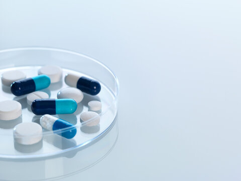Variety of medicine in petri dish