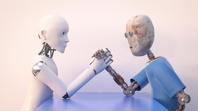 Two robots arm wrestling, 3d rendering