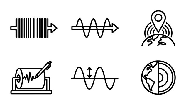 Seismic Wave Icons, Earthquake Data, Earth Core Layers, Barcode Scan, Signal Transmission, Location Pin