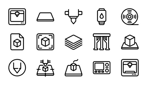 3D Printing Icons Set, Additive Manufacturing Technology, Digital Fabrication Vector Graphics
