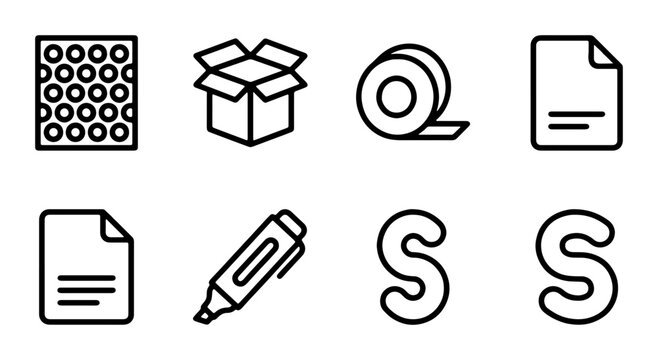 Logistics Icons Set: Shipping Box, Tape, Document, Marker, Bubble Wrap, Letter S