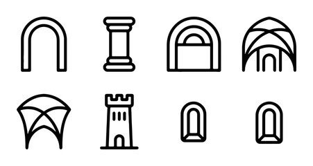Architectural Arches & Structures Vector Icons: Classic Columns, Modern Domes, Medieval Towers © Sabrina