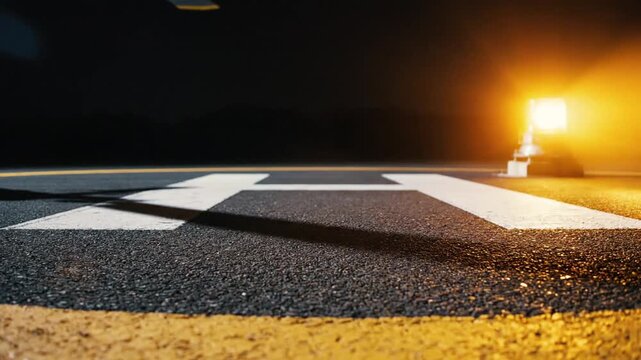 Helipad marking with flashing amber beacon in the darkness.