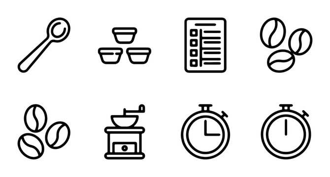 Coffee Icons Set: Beans, Grinder, Spoon, Timer, Checklist, Tasting Cups Vector Graphics