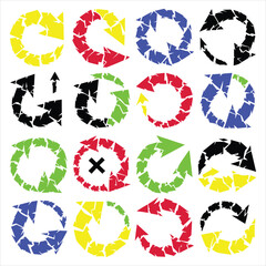 Obraz premium Set of circular arrow symbols for reload and refresh actions with rough artistic texture and various colors circular direction rotation interface abstract colorful distressed creative