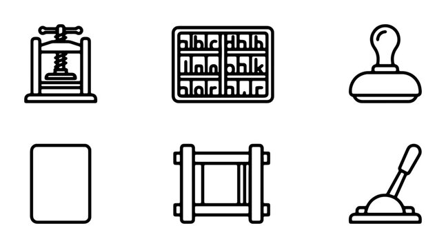 Vintage Printing Press Icons, Bookbinding Tools, Stamp, Paper Vector Set