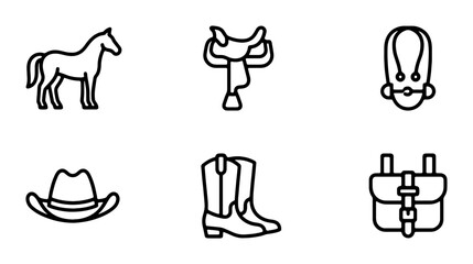 Western Cowboy Icons Set: Horse, Saddle, Boots, Hat, and Gear Vector Graphics for Wild West Themes © Tanvir