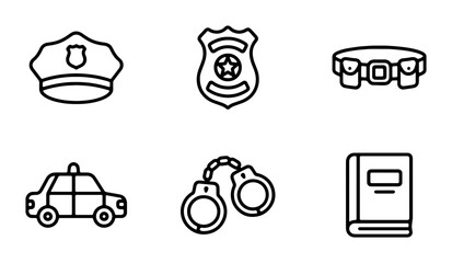 Police Icons Set, Law Enforcement Symbols, Justice Vector Graphics, Security Equipment, Crime Fighting Icons © Rabiul