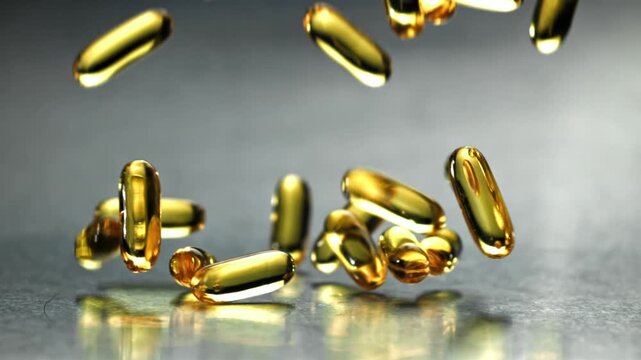 Golden gel pills drop and roll on dark reflective plane, premium mood Filmed on a high-speed camera at 1000 fps.