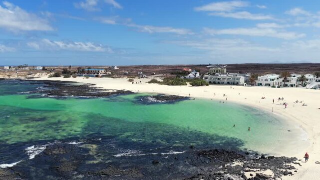 La Concha Beach El Cotillo Fuerteventura Aerial View of Turquoise Lagoon and People Swimming in Desert Paradise
