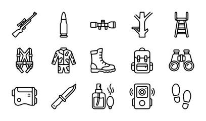 Hunting Gear Icons Set, Outdoor Adventure Equipment Vector Symbols, Camouflage Clothing & Survival Tools © Saiful